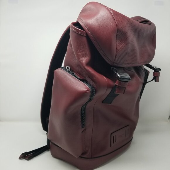 COACH Men's Burgundy Red & Black Leather Metal Buckle Drawstring Laptop Backpack - Picture 13 of 16
